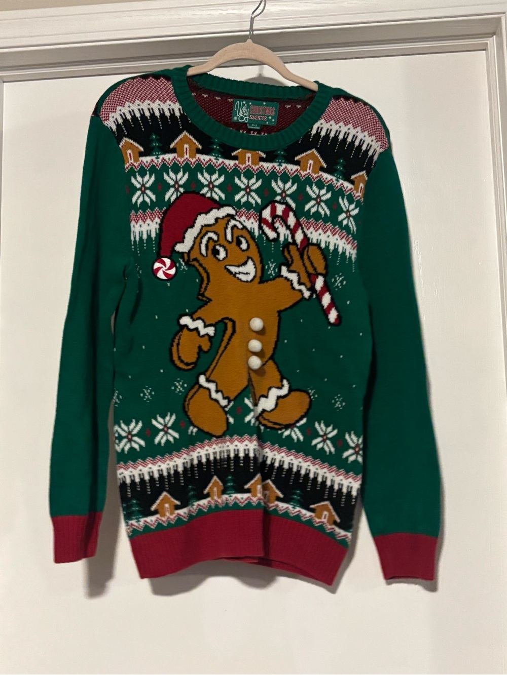 Ugly Christmas Sweater Green Gingerbread Crewneck with Red Trim